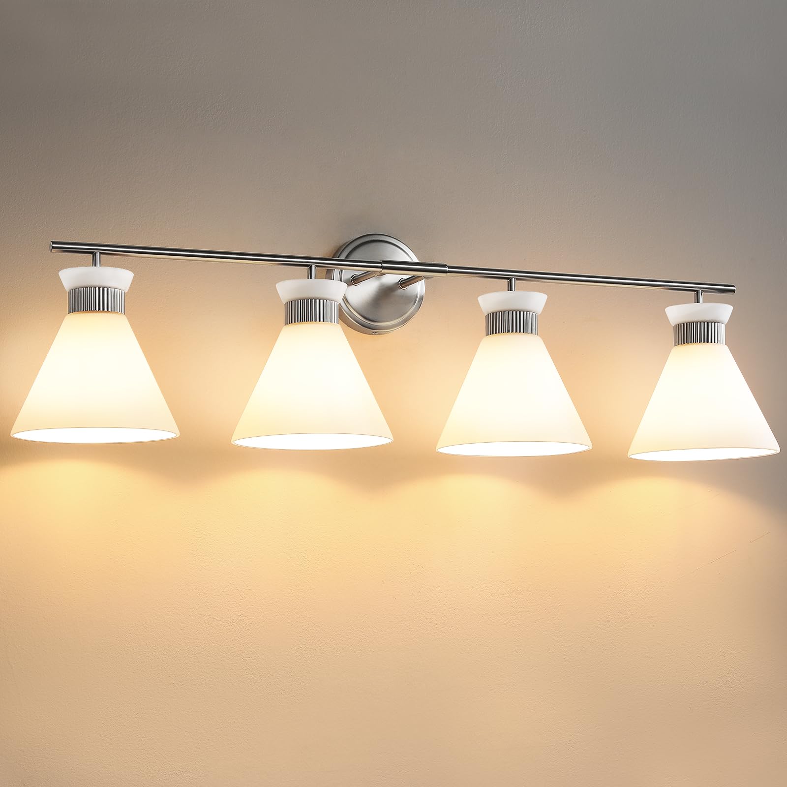 WOSHITU Vanity Lighting Fixtures 4 Bulbs: Brushed Nickel Vintage Light Fixtures for Bathroom Above Mirror with Milky White Frosted Glass Shade, Mid Century Bathroom Wall Lamp 36 in (Exclude E26 Bulb)