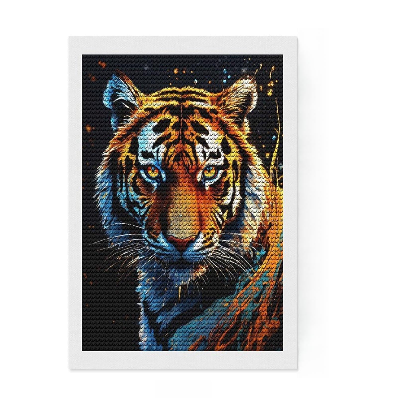 Junmoney Colorful Tiger Portrait DIY Diamond Art Canvas Kit 8"x12", Round Gems, Creative Hobby, Fun Craft Activity, Vintage Style Decor