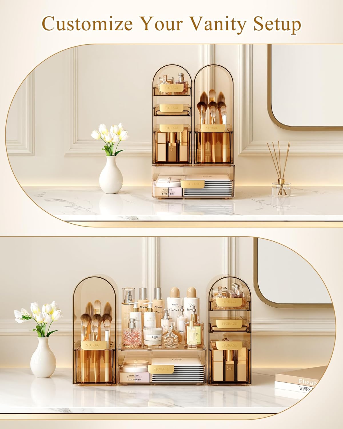 Makeup Organizer, Dual Arch Stackable 3-Piece Vanity Storage with Drawers & Brush Holder, Amber Acrylic Skincare & Cosmetic Organizer