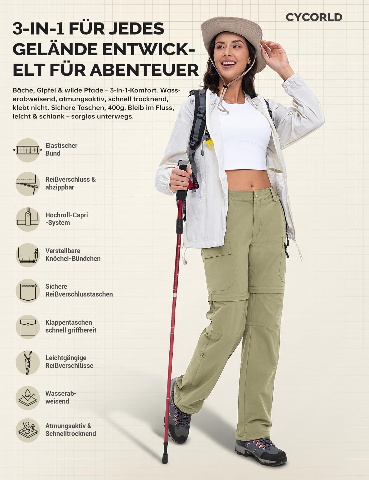 Cycorld Pantaloni da trekking da donna, con cerniera, traspiranti, da trekking, elasticizzati, rimovibili, per attività all'aria aperta, estivi, funzionali