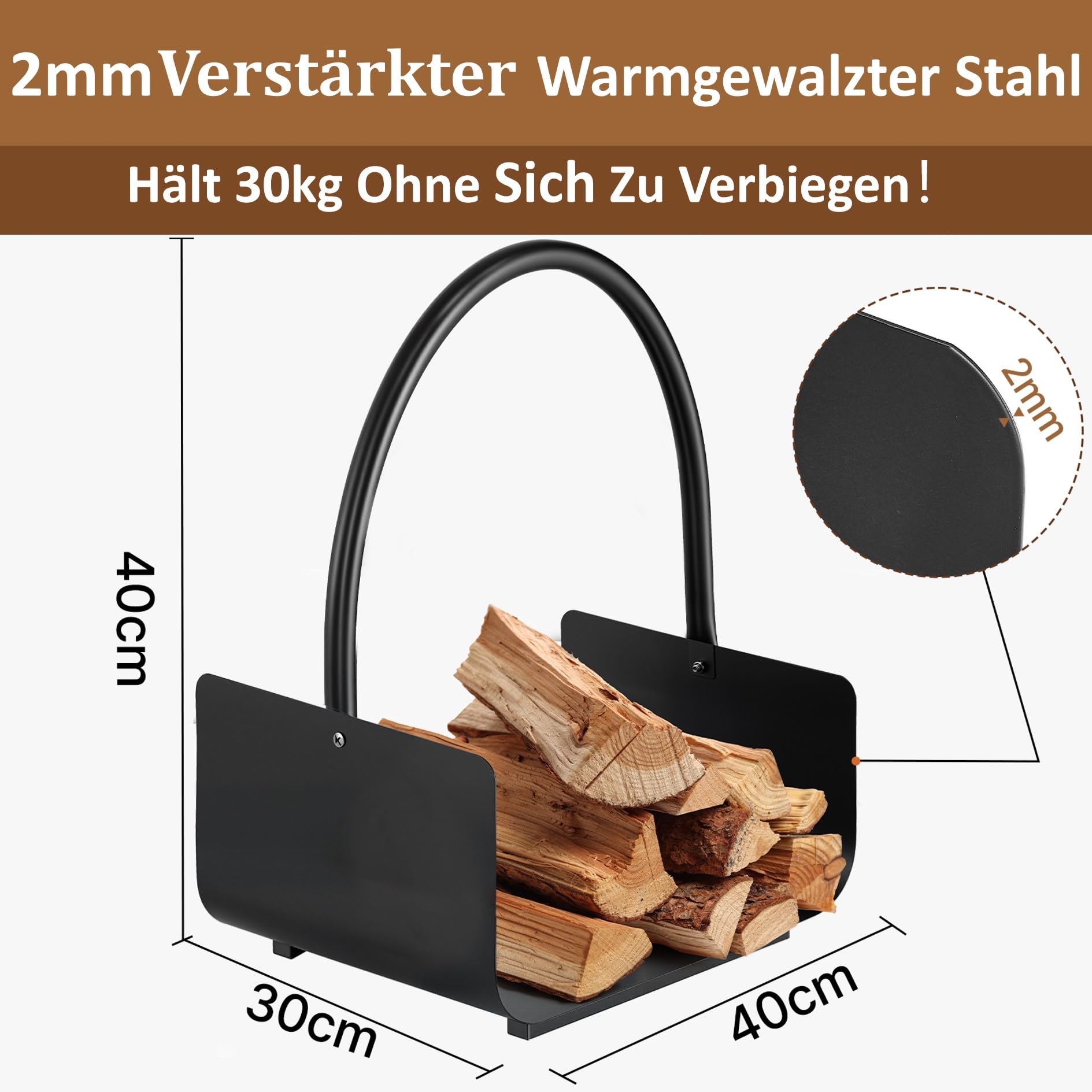 Amagabeli Holzkorb Kaminholz 40 x 30 x 40cm Kaminholzkorb Brennholzkorb Metall Feuerholzkorb Holzwiege Kamin aus Stahl mit Henkel Tragekorb für Holz Kaminholz Holztrage für Holzofen Kaminholzschale