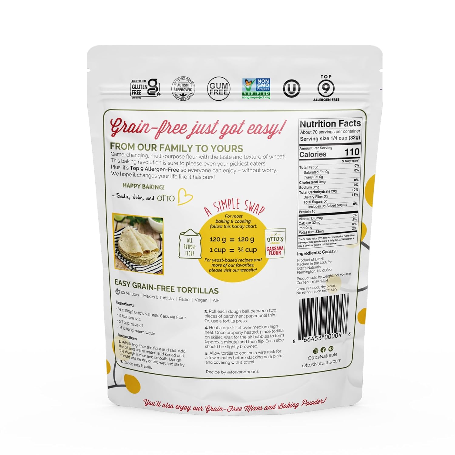 Otto's Naturals Multi-Purpose Cassava Flour, Non-GMO, Gluten-Free, Grain, Nut and Gum-Free, 1-to-1 Wheat Alternative, Paleo, AIP, 5 lb