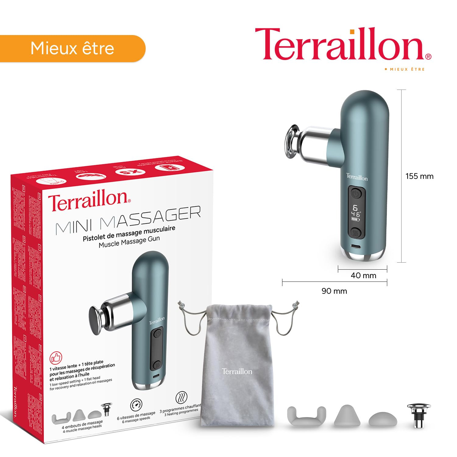 TERRAILLON Pistolet de massage, Détente, Massage, Relaxation MINI MASSAGER | 6 vitesses dont 1 lente pour massage à l'huile, 4 embouts, Surface chauffante, 800-3200 rpm, Charge USB-C, 5h autonomie