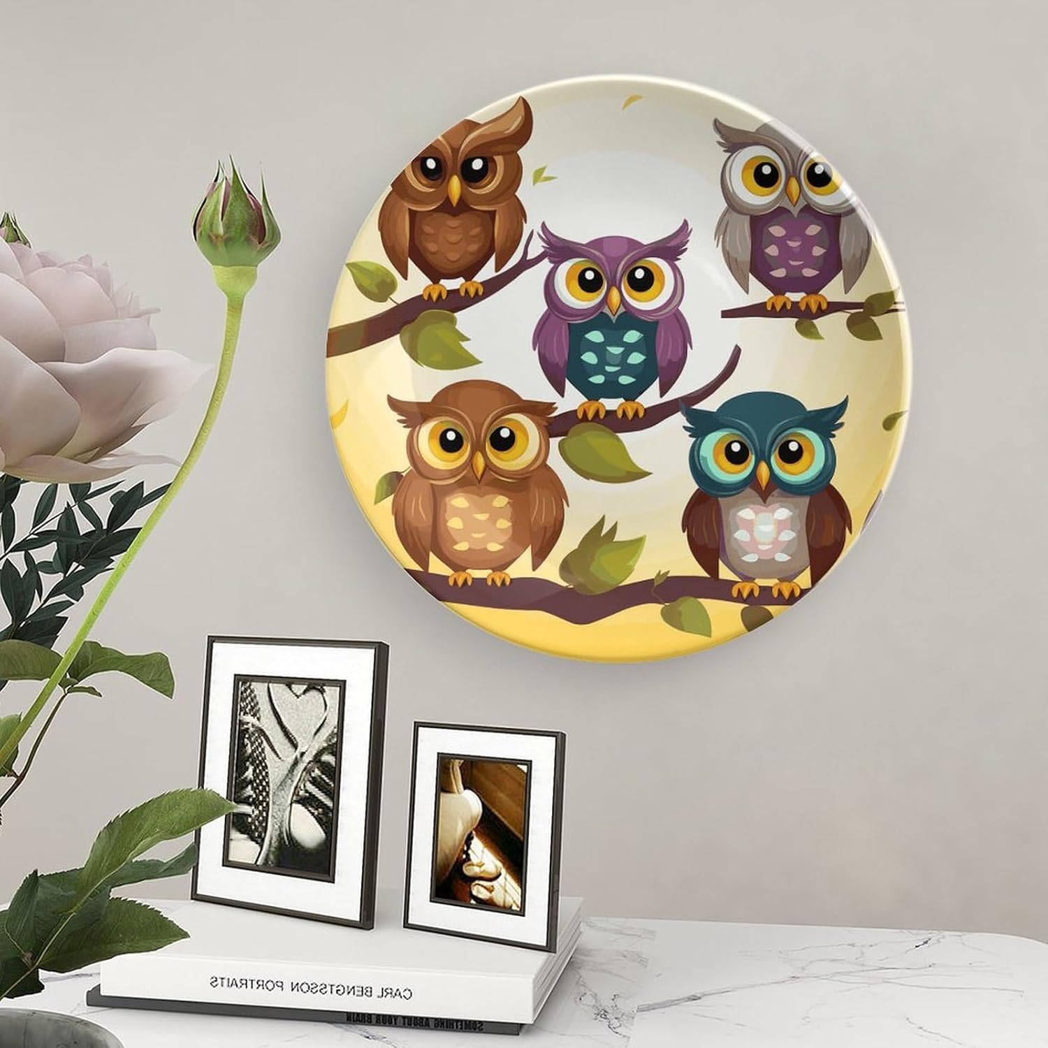Owls Birds Bone China Decorative Plate with Display Stand, Ceramic Ornaments Plate for Wall Hanging, Personalized Porcelain Plates for Office, Living Room 8inch