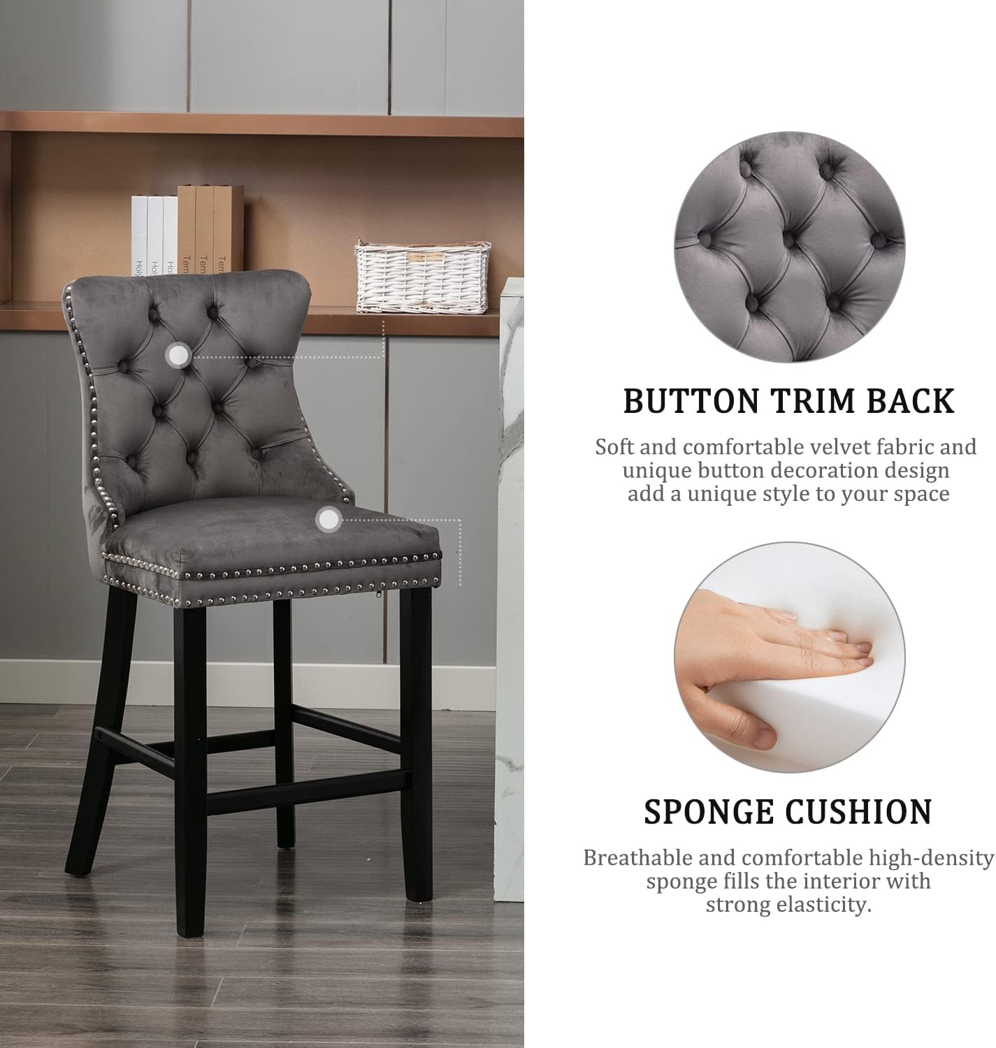 Kiztir Counter Height Bar Stools Set of 4, 27" Velvet Bar Stool with Button Decor, Solid Wooden Legs, Grey Upholstered Bar Chairs