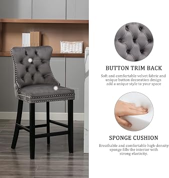 Velvet Bar Chairs Set of 2, 27 Counter Height Bar Stools with Button Decor, Solid Wooden Legs, Grey Upholstered Bar Stools for Kitchen, Pub