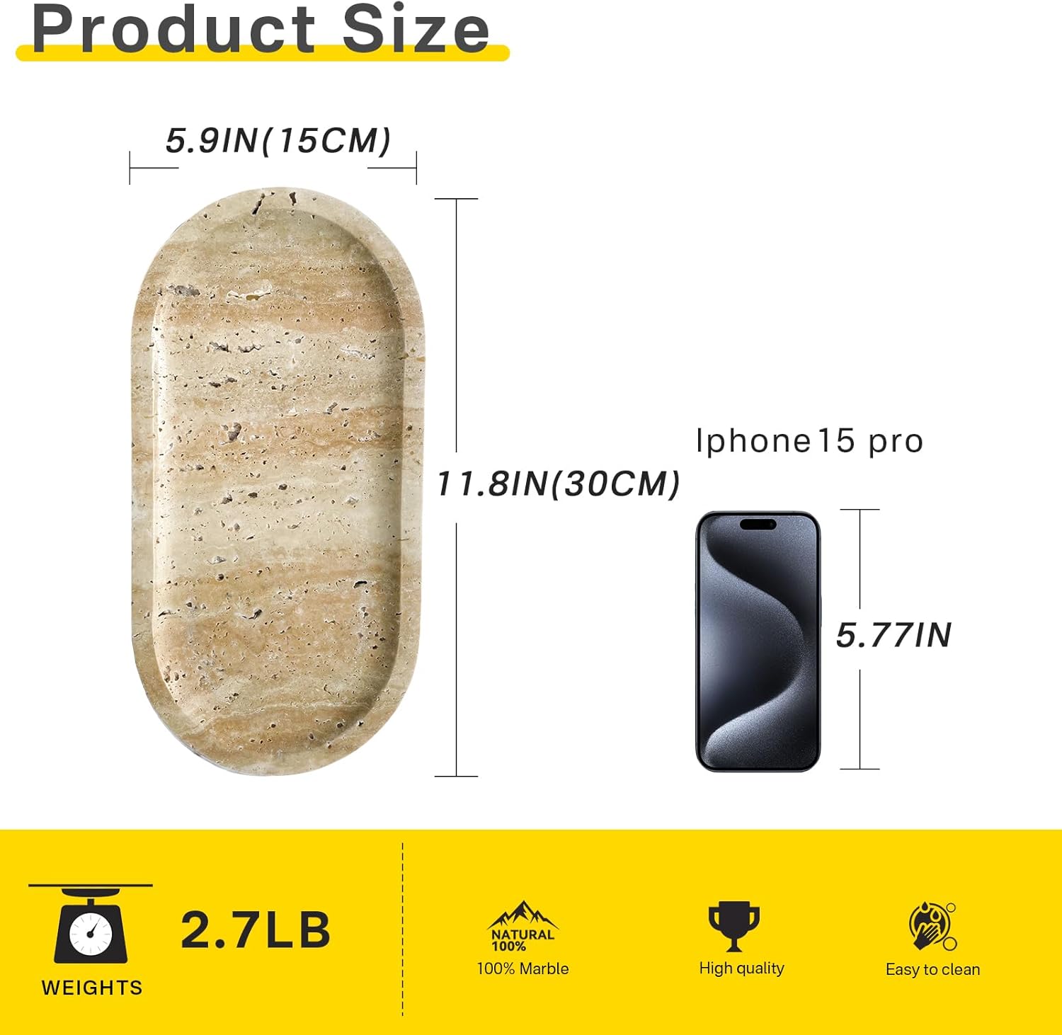 Natural Marble Tray, Stone Vanity Tray for Bathroom & Kitchen Countertop - Organizer for Perfume, Jewelry, Cosmetics 12x6 Inch,Beige Travertine