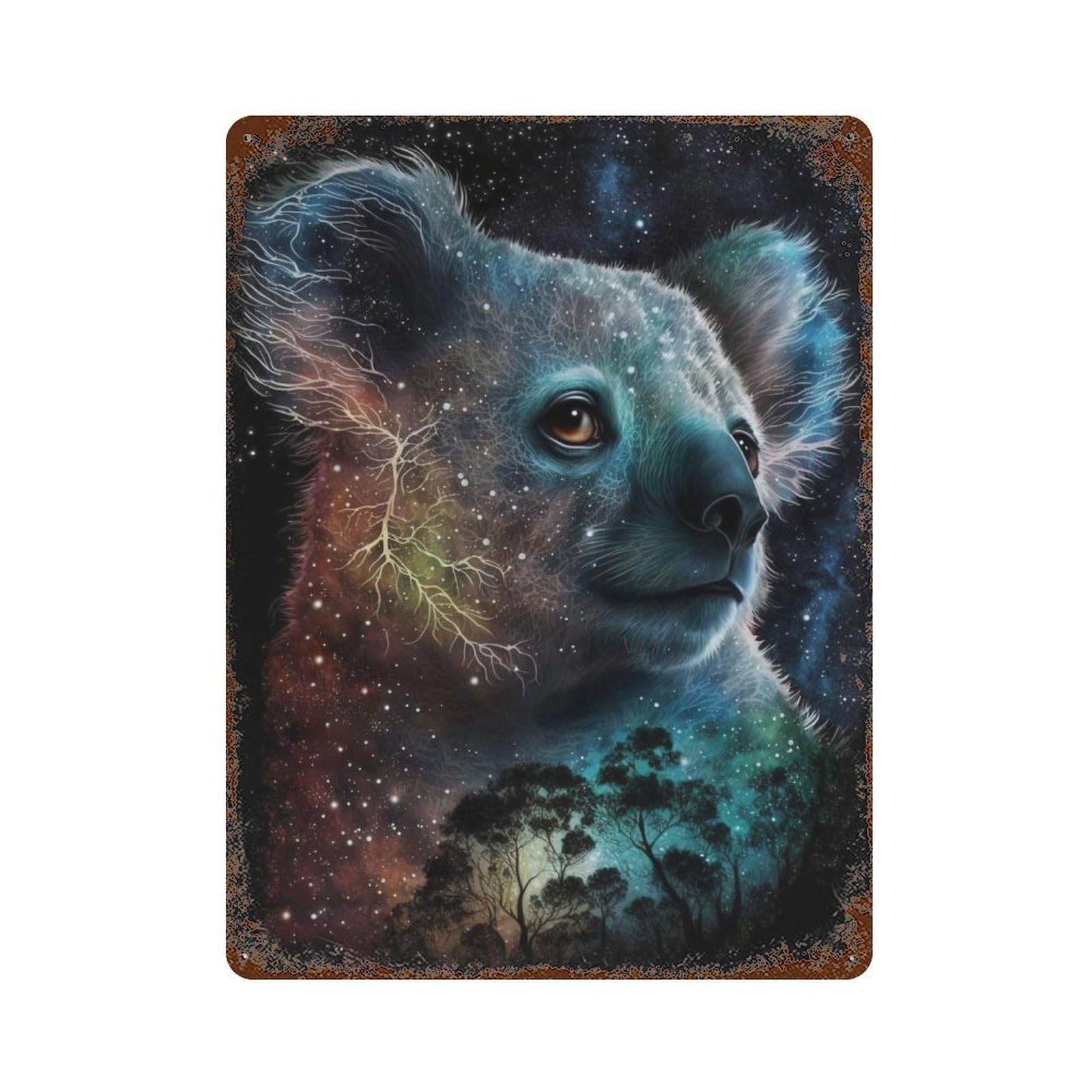 Rust Effect Cosmic Koala Celestial Forest Vintage Rust Metal Sign 15.7"x11.8", Decorative Metal Wall Art for Shed, Workshop And Garage Wall Decor