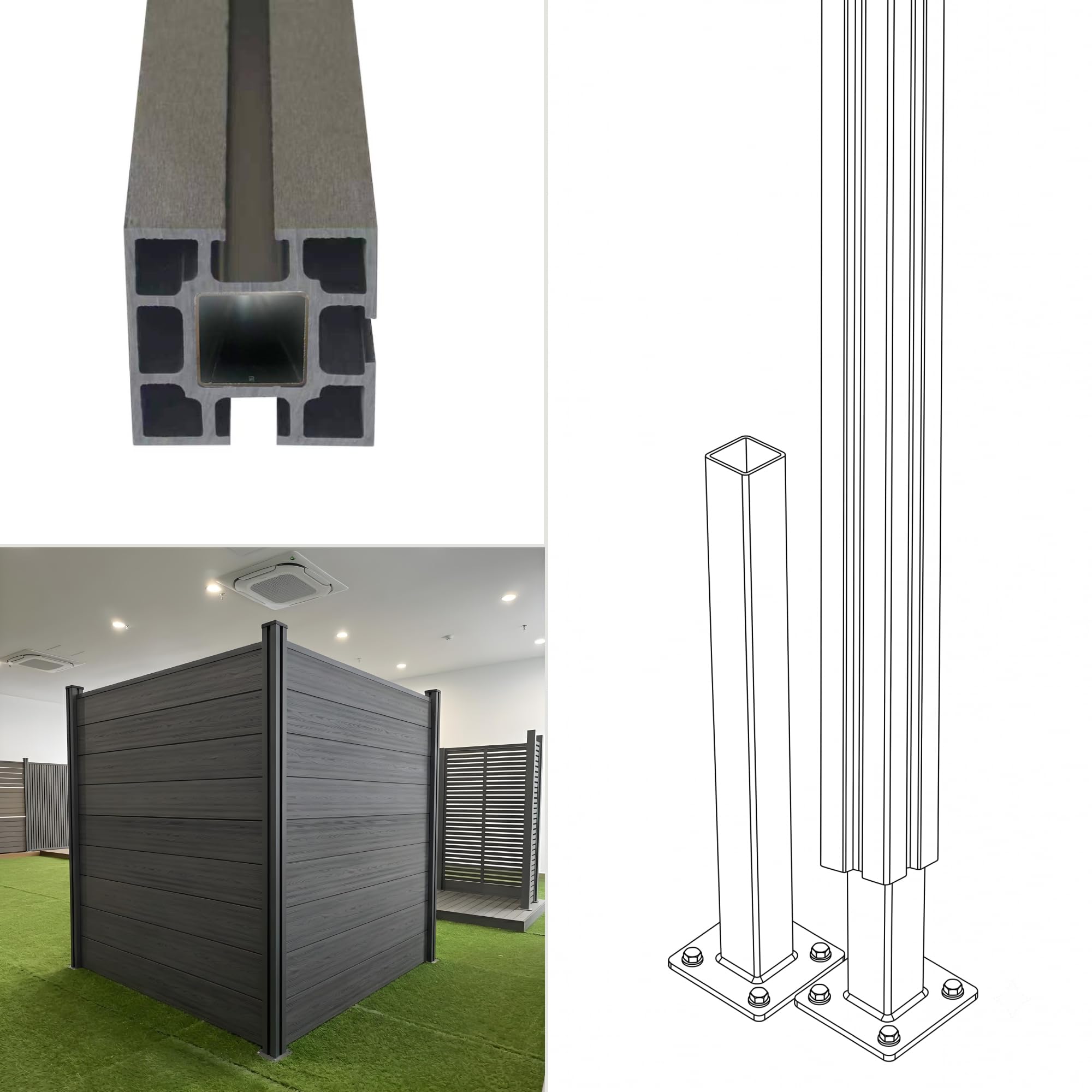 WPC Sichtschutzzaun Komplettset Anthrazit – Gartenzaun mit robusten 10x10 cm WPC Pfosten, Lamellenzaun, Windschutz, B 186-538 x H 185 cm (1-3 Einheiten)