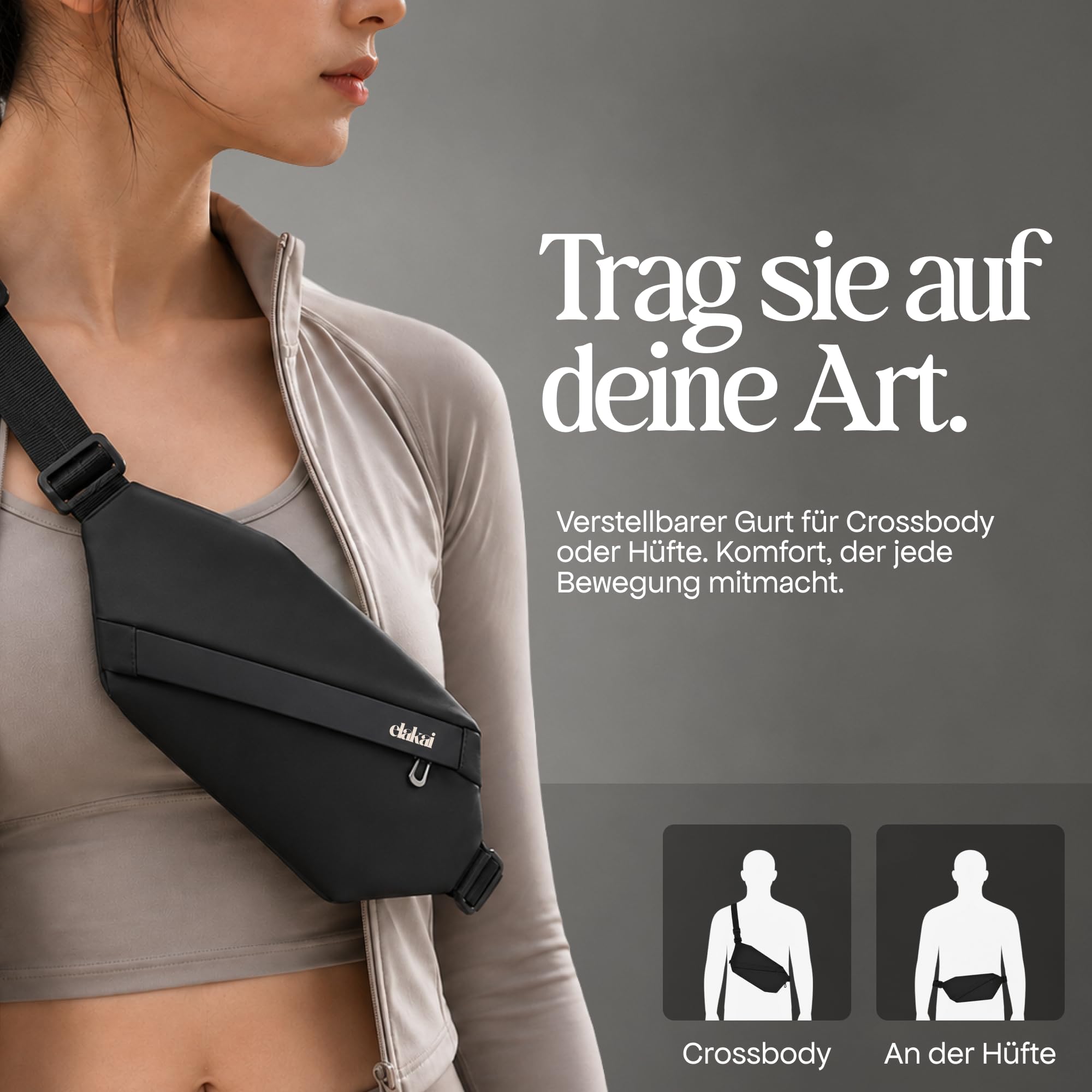 ELAKAI 3L Bauchtasche & Sling Bag Schwarz | Kleine Crossbody Bag Schultertasche für Damen Herren Männer | Anti-Diebstahl, Wasserdicht | Sport Festival Wandern Laufen