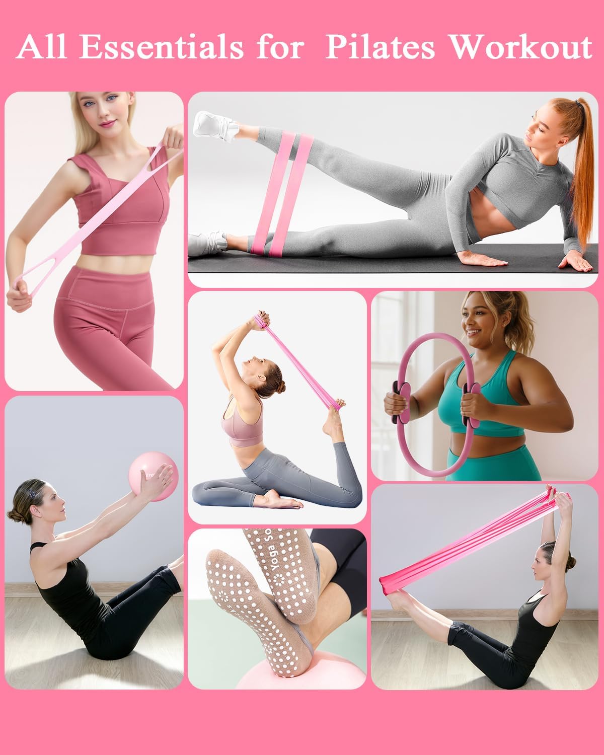 12 Pcs Pilates Equipment kit for Home Workouts, Women's Pilates Essentials Set, Pilates Ring and 2 Ball Accessories Ket, with 5 Resistance Loop, Grip Socks, Resistance Bands, Sculpt Band & Storage Bag