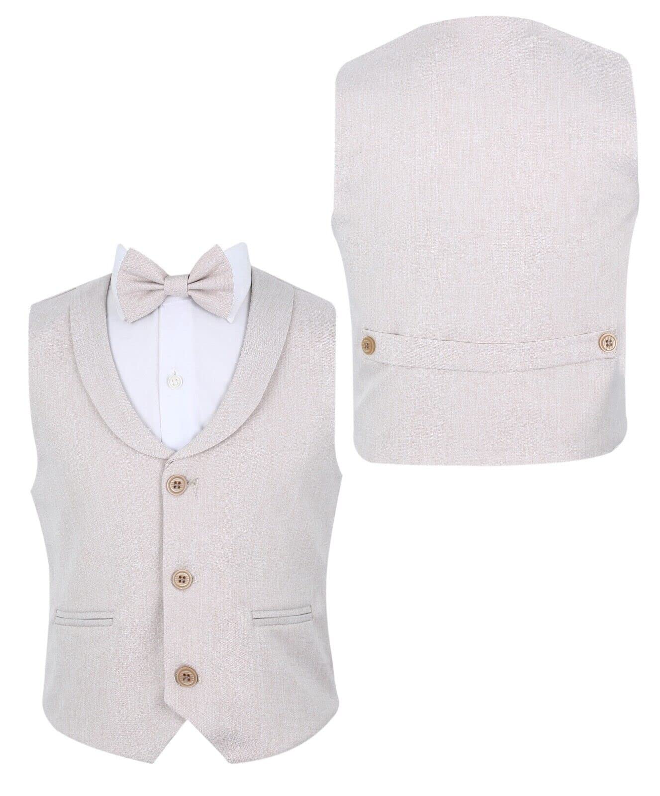 SIRRI Conjunto de chaleco para bebés y niños pequeños, 4 piezas, algodón y lino, conjunto formal de boda con opción de pantalones o edad corta de 3 meses a 8 años