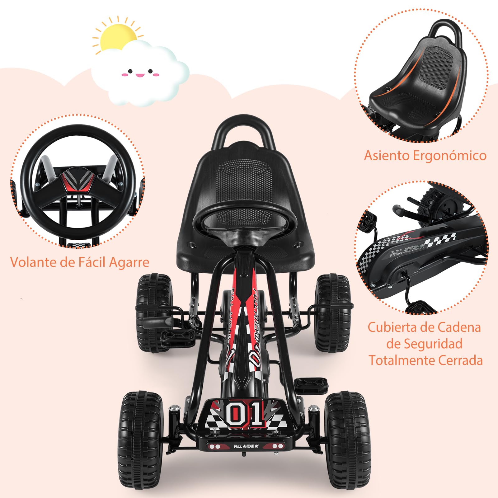 GOPLUS Vehículo de Pedales para Niños, Carrito con 4 Ruedas No Deslizantes, Go Kart con Asiento Acogedor y Freno Manual, 3-6 Años (Negro)
