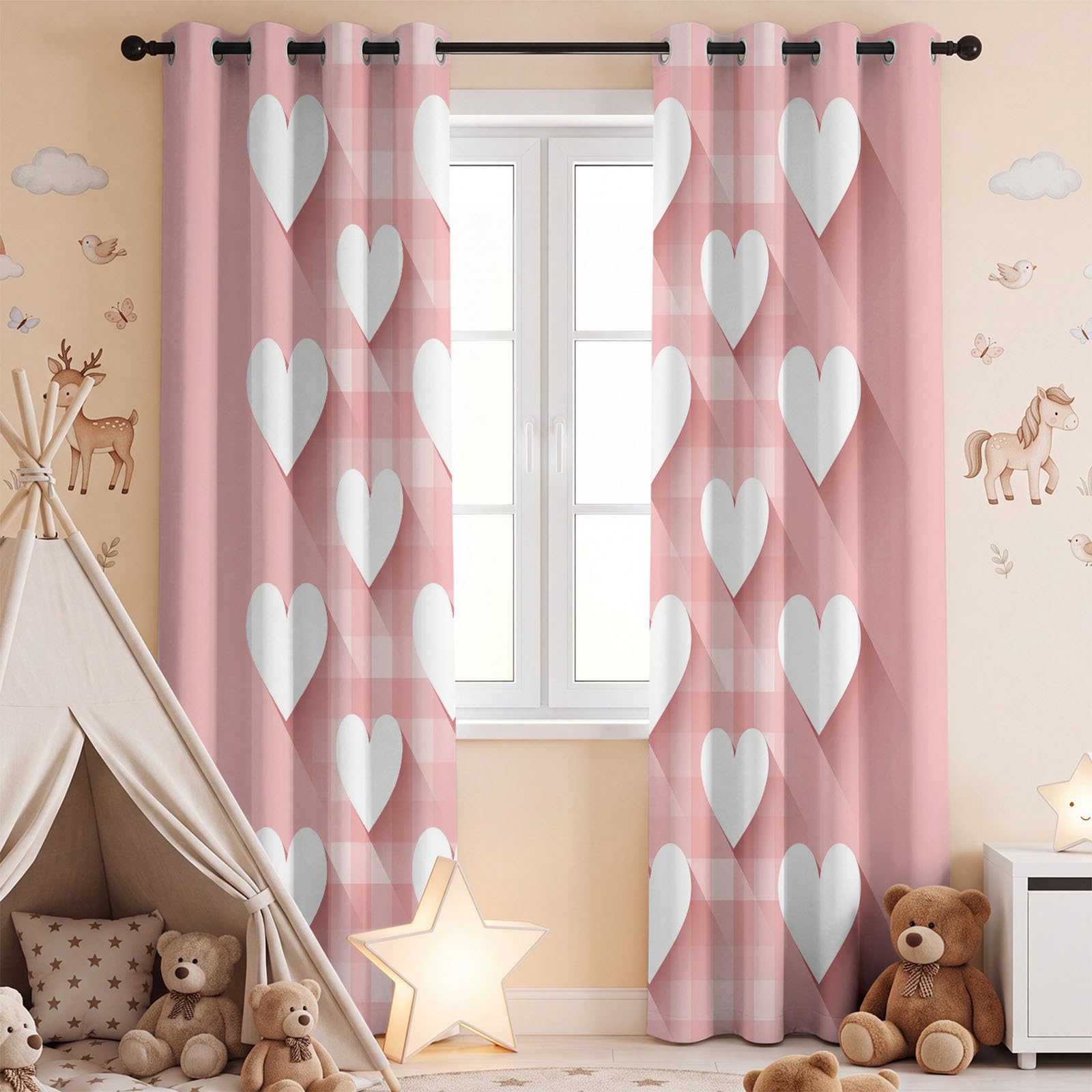 Tende oscuranti foderate con occhielli, isolamento termico 3D, romantiche, per camera da letto, soggiorno, finestra, cuore a quadretti, larghezza 117 x lunghezza 228 cm