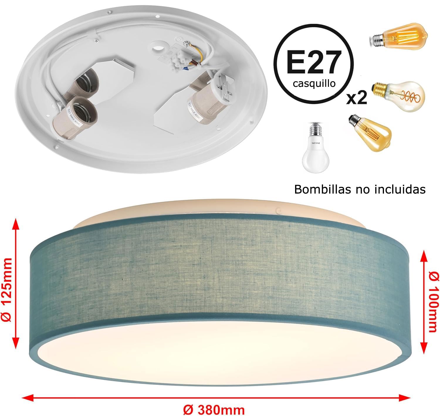 Plafón de Techo Redondo de Tela 38 cm, Pantalla Textil con 2 Casquillo E27 (40W máx.) Lámpara de Techo para Salón, Dormitorio, Pasillo o Habitación Infantil,Sin bombilla (Azul ceniza, 38)