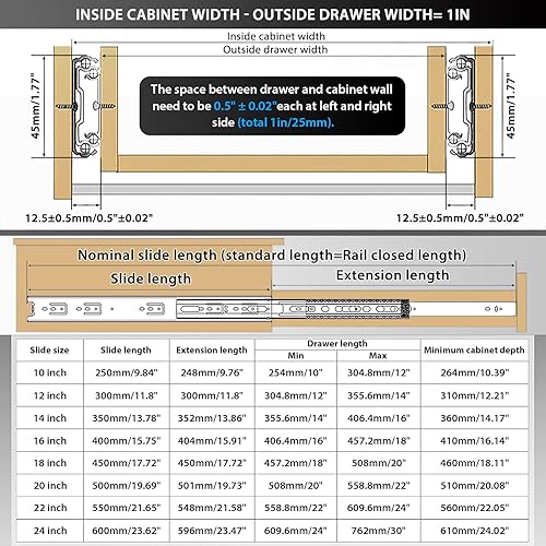Miniatura 2 de YENUO Extensión completa para cajones de montaje lateral 10, 12, 14, 16, 18, 20, 22, 24 pulgadas, rodamientos de bolas, rieles de metal, guía de