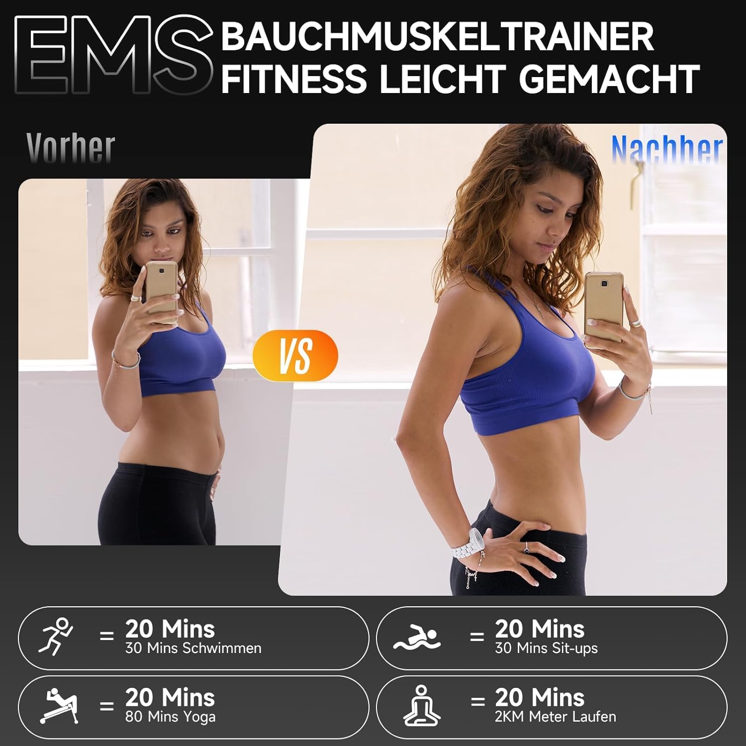 EMS Bauchmuskeltrainer, 10 Modi, 30 Stufen, LED, USB-aufladbar