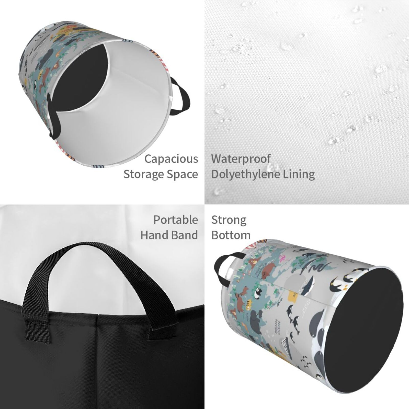 Grand panier à linge avec poignées – Carte du monde avec animaux de dessin animé pour bébés et enfants – Panier à linge sale