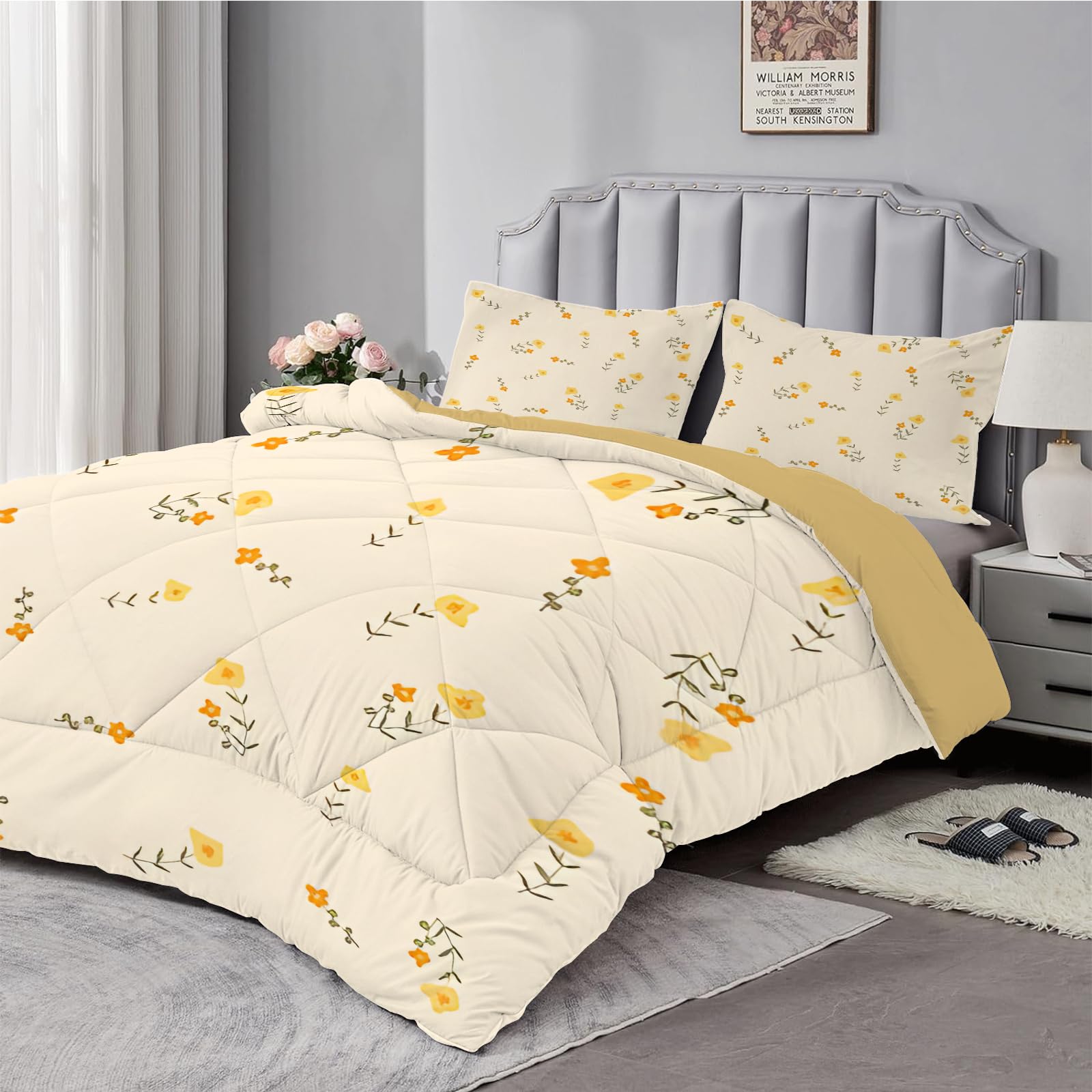 Dyausi Yellow Double Duvet - Coverless With Matching Pillowcase 50X75cm - Reversible Floral Printed - Lightweight And Washable - 200X200cm