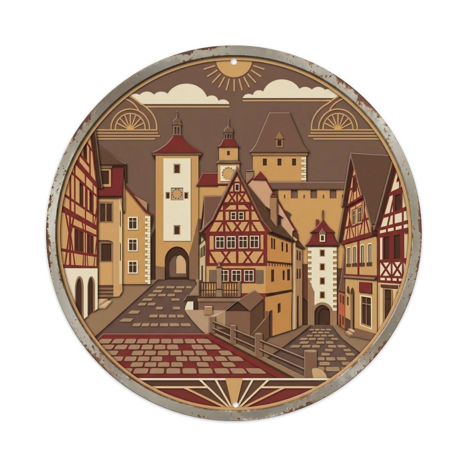 Rothenburg Medieval Oldtown Travel Metal Tin Sign Plaque Wall Decor for Cafe, Club Bar, Office, Home Garden Round Metal Poster 8x8Inch