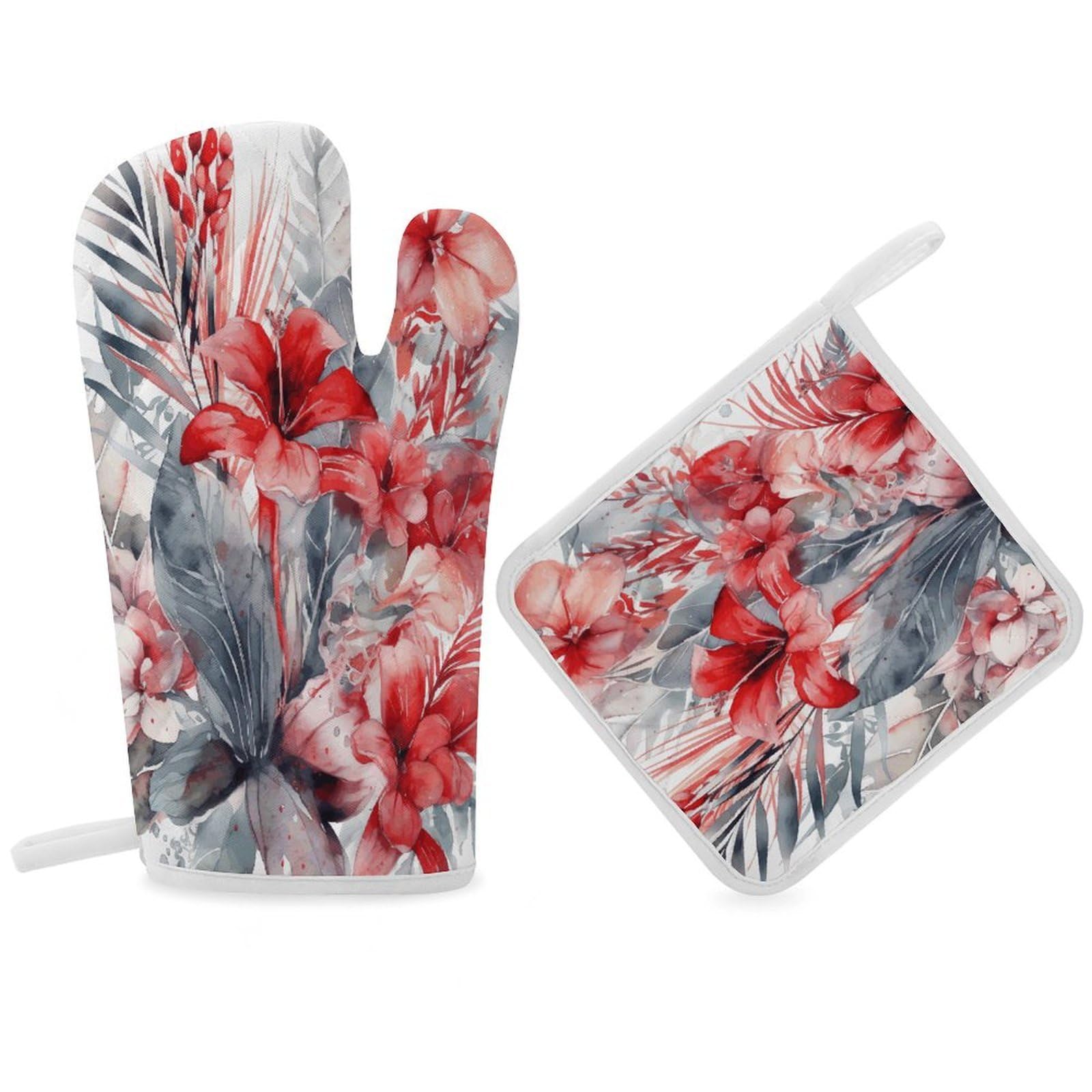 Fodpand Women's Style Drawn Tropical Flowers Oven Mitts And Pot Holders Sets,Oven Gloves For Kitchen Oven Mitts And Potholders For Baking Cooking Grilling Apartment Essentials