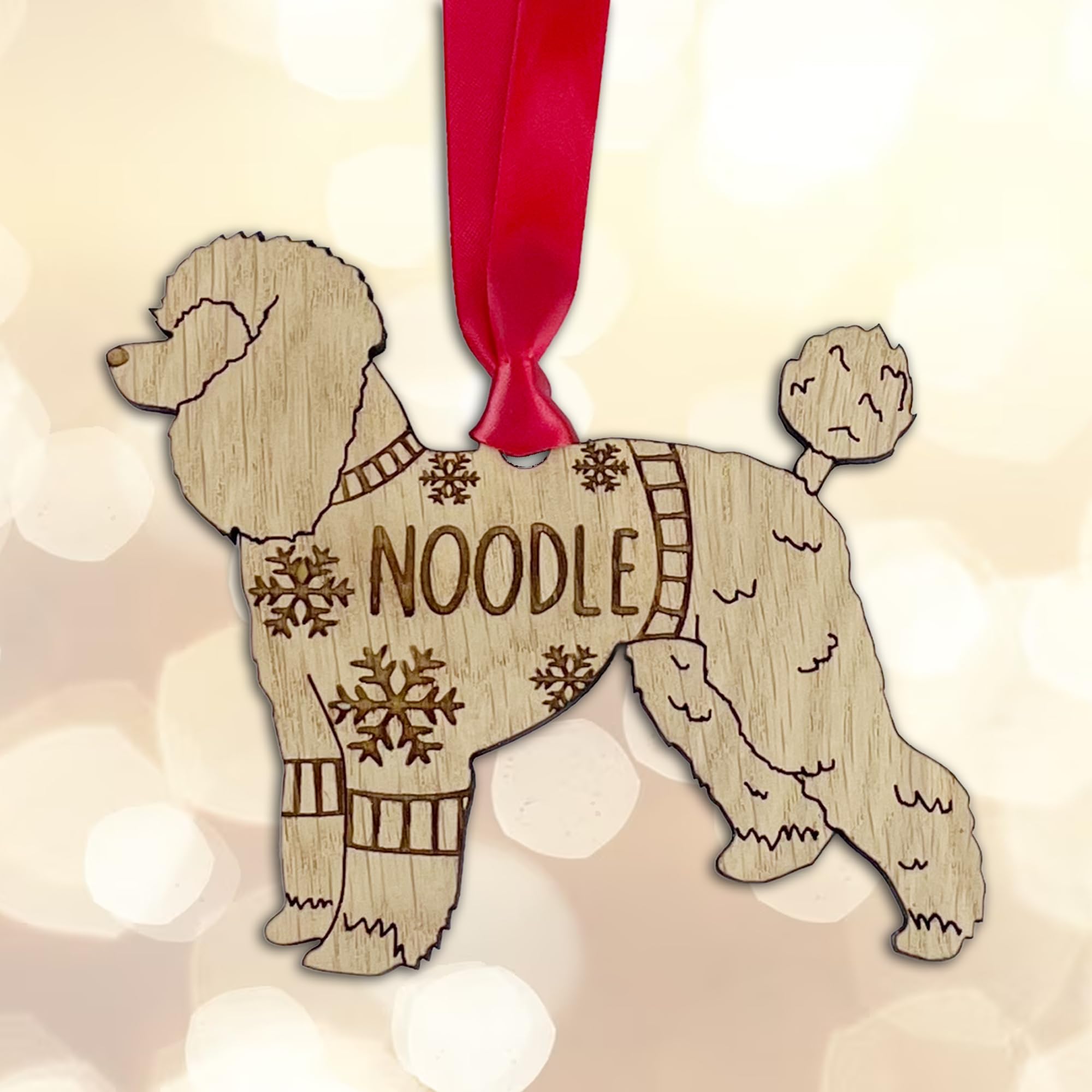 Personalised Poodle Dog Christmas Tree Bauble Decoration, Wearing a Dog Jumper Design with Snowflakes, Customised Puppy Hanging Ornament, Oak Veneer Wood with Red Ribbon