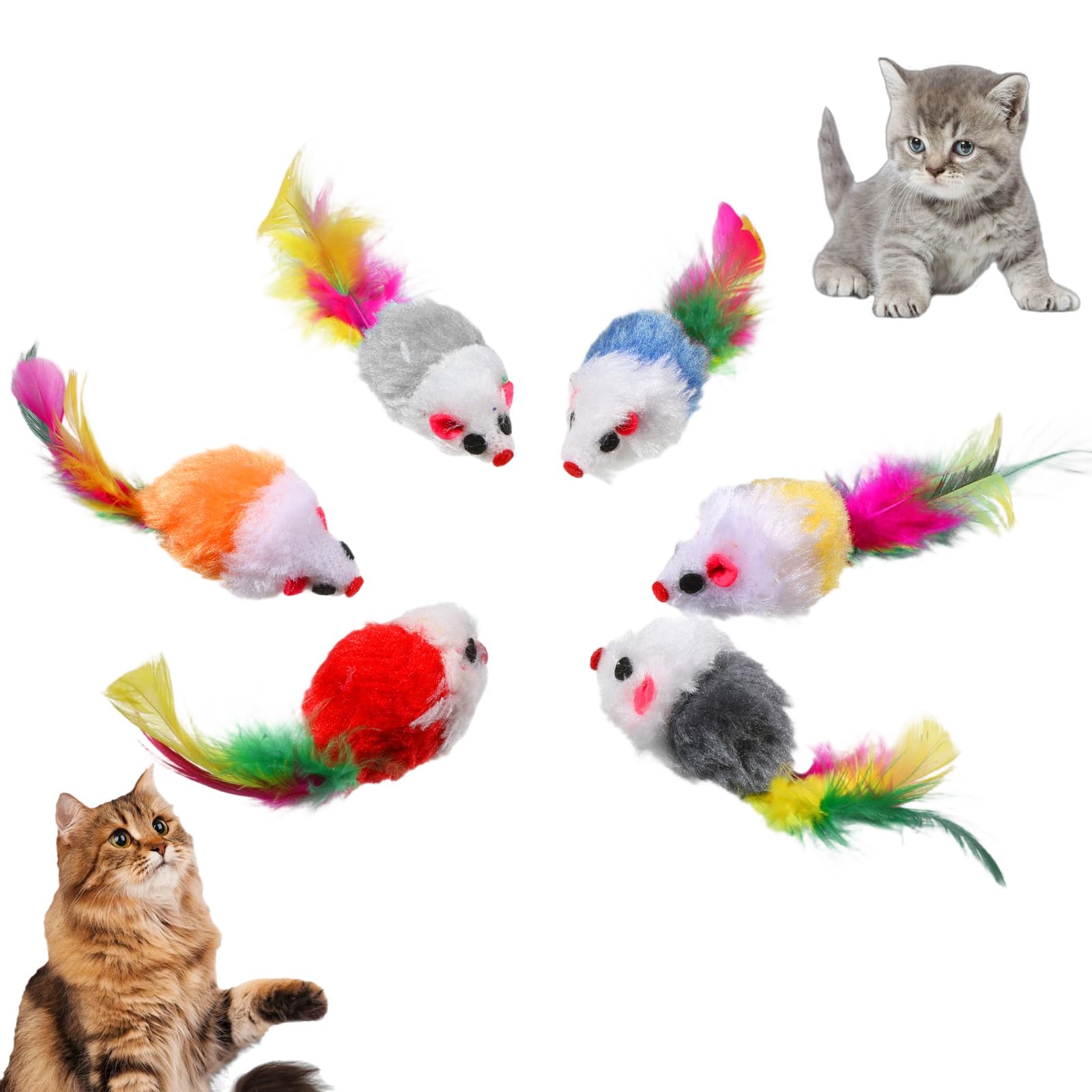 Muiltvoe 6 Pack Cat Mouse Toy, Furry Rattle Interactive Mice Toys with Colorful Feather Tails Realistic Faux Fur Mouse Toys for Cats Kittens (6 Colors)