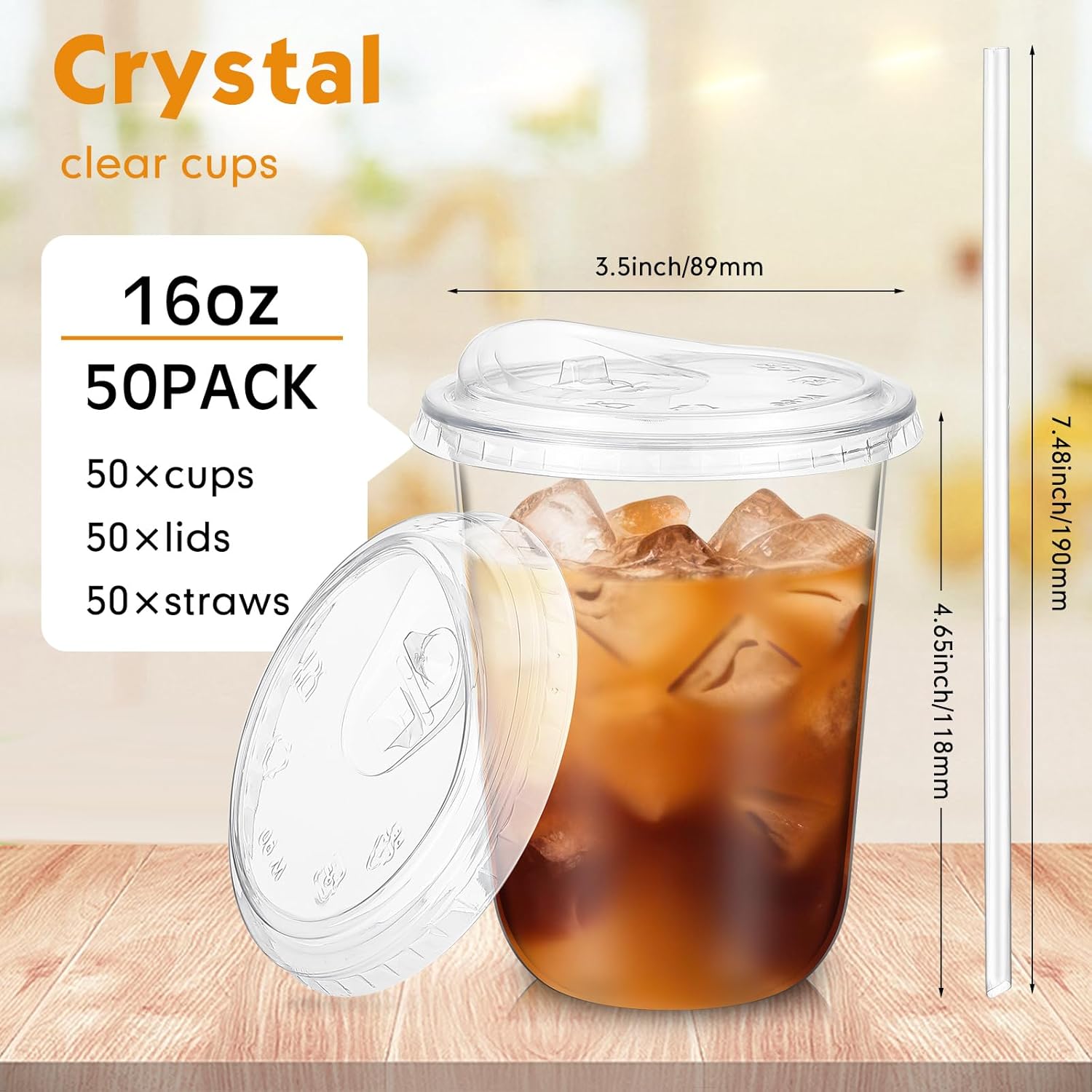 Ziliny 50 Pack 16 oz Clear Plastic Cups with Sip Lids & Straws, Disposable PET Crystal Iced Coffee Cups with Lids for Coffee Smoothie, Milkshake, Cold Drinks