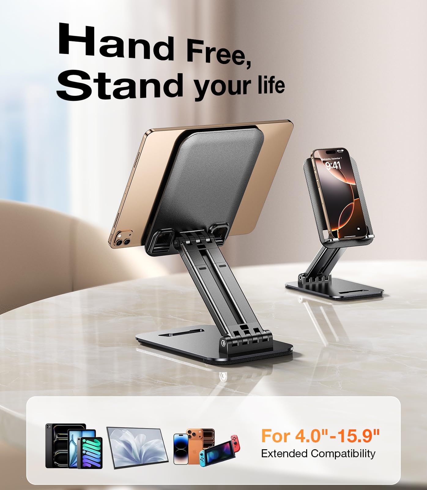 Regolabile Supporto Tablet per Telefono Da Tavolo in Metallo Pieghevole 4-15.9" iPad Samsung iPhone