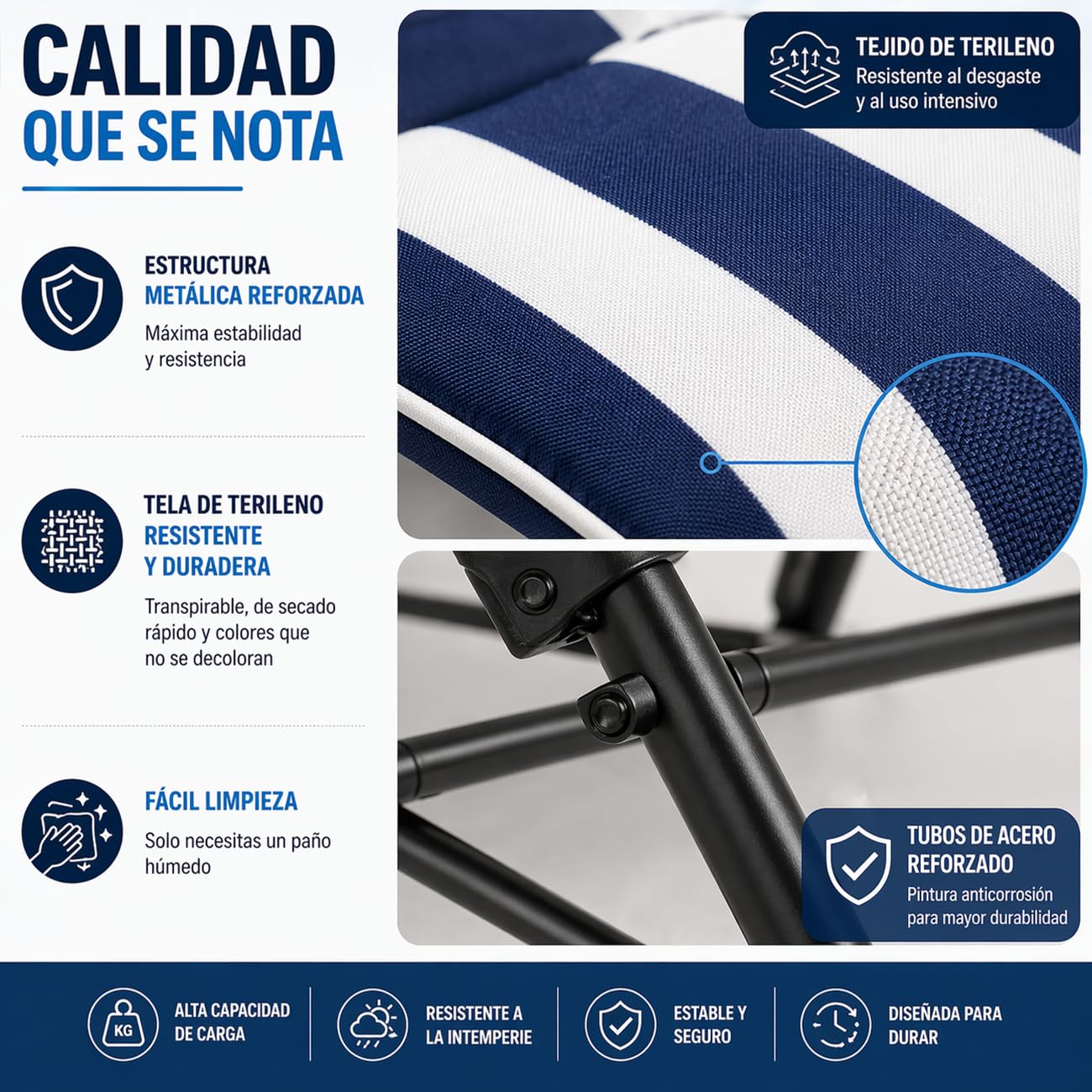 TIENDA EURASIA – Pack 2 Tumbonas Plegables de Camping | Diseño Marinero | 5 Posiciones Reclinables | 84x58x106 cm | Estructura de Aluminio | Soporta hasta 100 kg | Tejido Resistente | Playa y Jardin