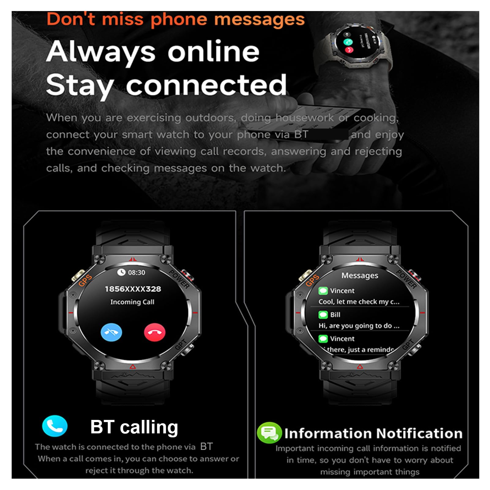 Lazmin112 Smartwatch, Con Posizione Gps, Gpt, Impermeabile Fino a 30 m, Torcia, Altoparlante e Microfono Integrati, Ricarica Magnetica, 100+ Modalità Sportive, Orologio Sportivo (BLACK)