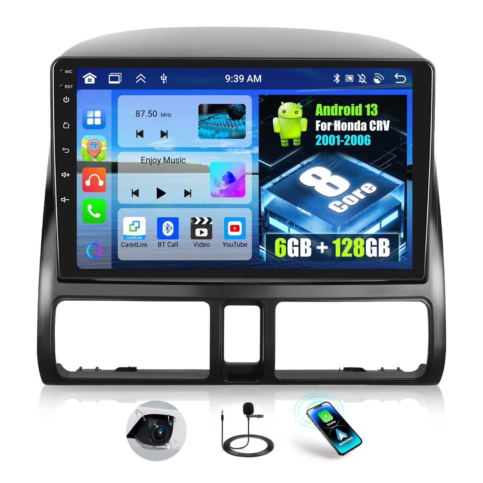OiLiehu 6+128G 8 Core Android 13 for Honda CRV 2001-2006 Double DIN Radio CarPlay Android Car Radio with Screen 9 Inch with Bluetooth GPS FM RDS WiFi SWC DSP/EQ Reversing Camera