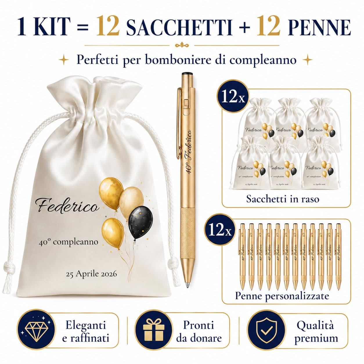 Cormar Kit 12 Sacchetti e 12 Penne Personalizzati Compleanno (STILE 1) | Venduti a Multipli di 12, Pronti da Regalare, Palloncini Oro e Nero, Sacchetto in Raso, Penna Dorata Inclusa