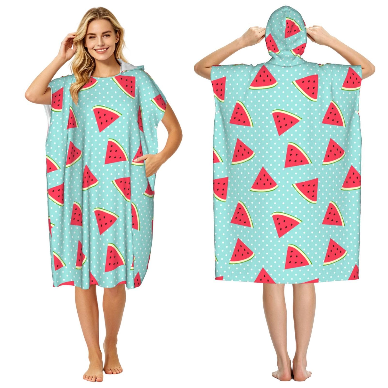Poadnly Watermelon, Adult Hooded Beach Towel 90 x 110 cm,Changing Bath Robe, Surf Poncho Towel For Women Men