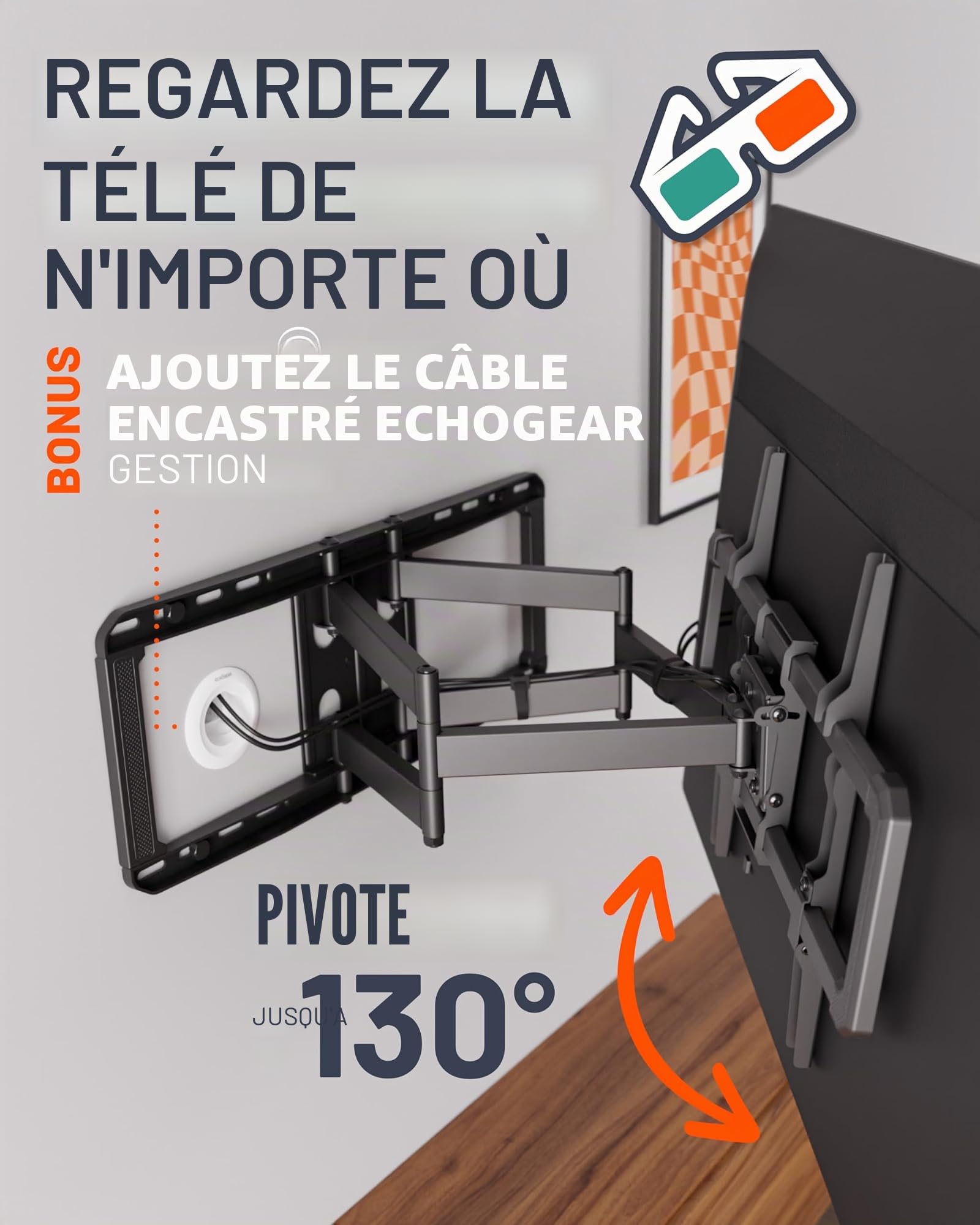 ECHOGEAR MaxMotion Support Mural pour Grands téléviseurs de 42 à 90 Pouces, pivotant, inclinable et Extensible, Design Universel Compatible avec Samsung, Vizio, matériel et gabarit de perçage Inclus
