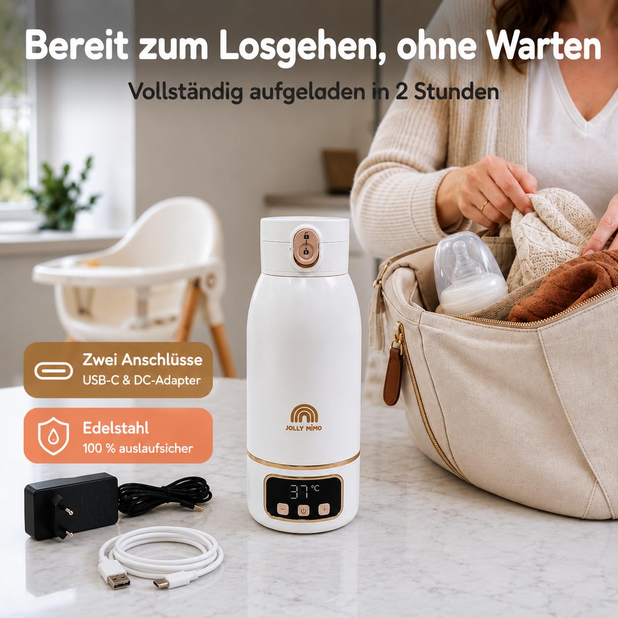 Flaschenwärmer Baby Unterwegs Tragbar Kabellos 500ml, Muttermilch & Wasser, Reise Auto Nacht, Silikonbürste Inklusive