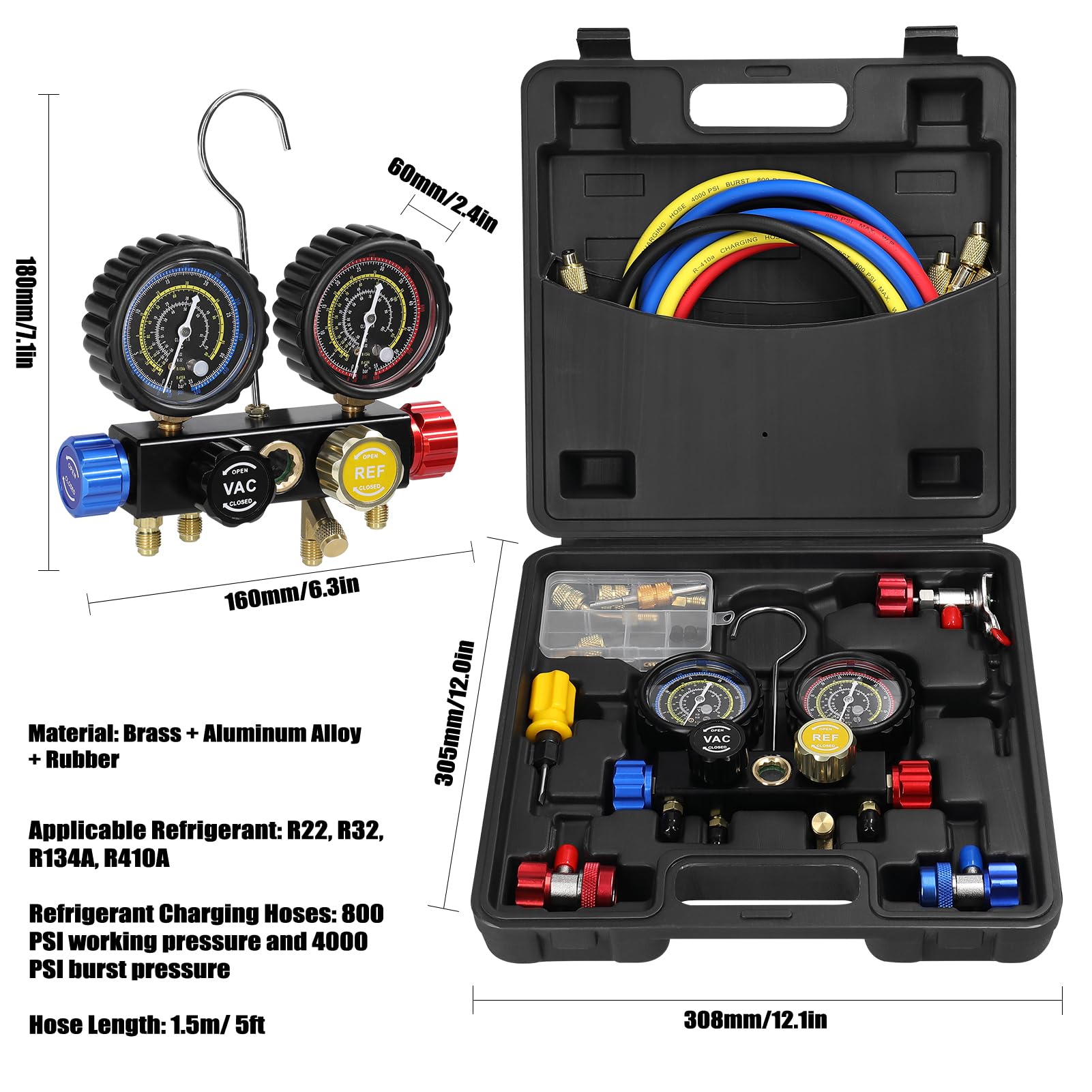 Weytoll Kit Ricarica Aria Condizionata Auto con 1.5m Tubi per Auto Strumenti Diagnostici, manometro a doppio valore a 4 vie per refrigerante R22/R134a/R410a