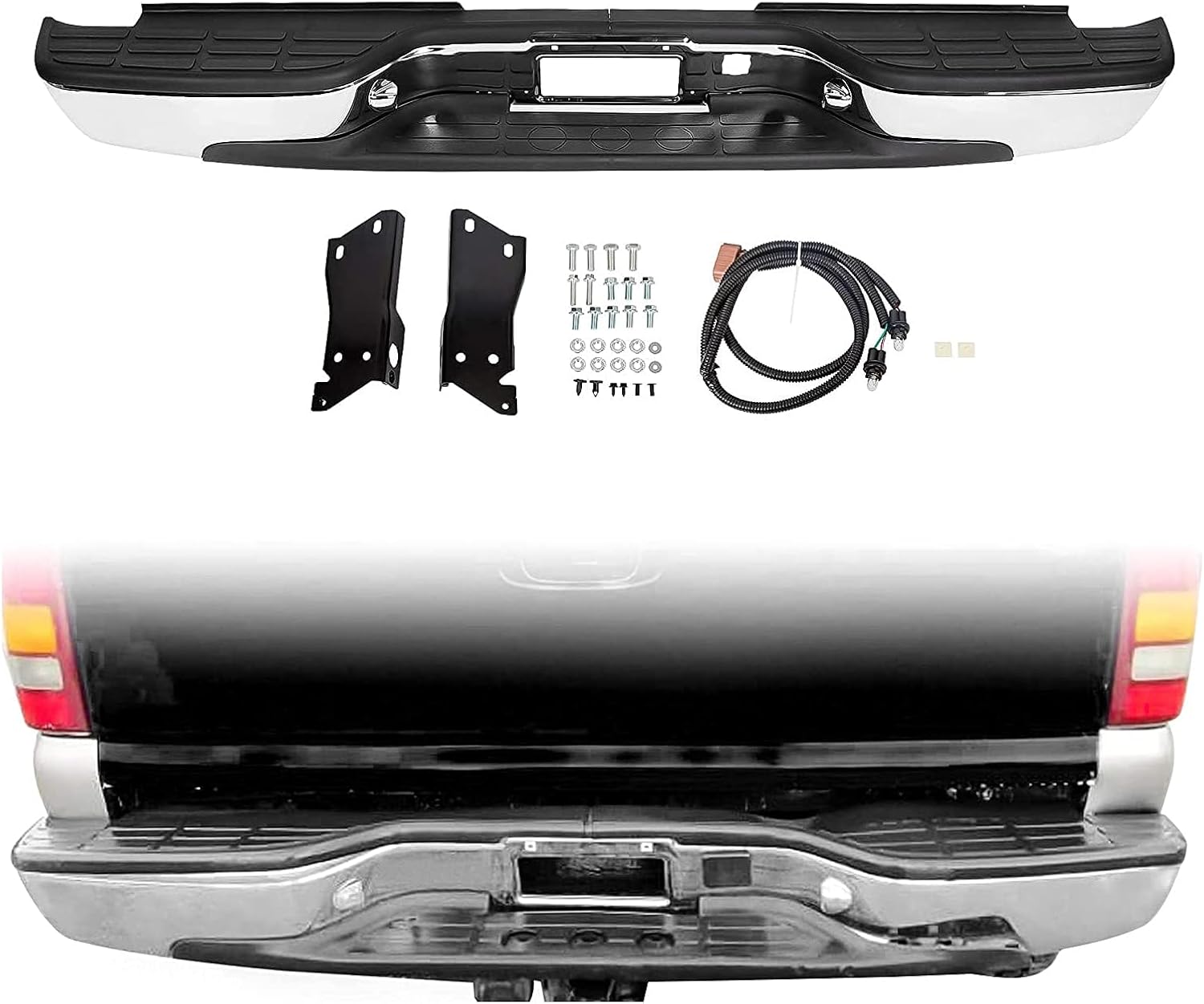 ECOTRIC Rear Step Bumper Compatible with 1999-2007 Chevy Chevrolet Silverado GMC Sierra 2500 HD 3500 Heavy Duty W/License Plate Lights Replacement for GM1103129 12473000 GM1103141 GM1191121 Steel Silvery