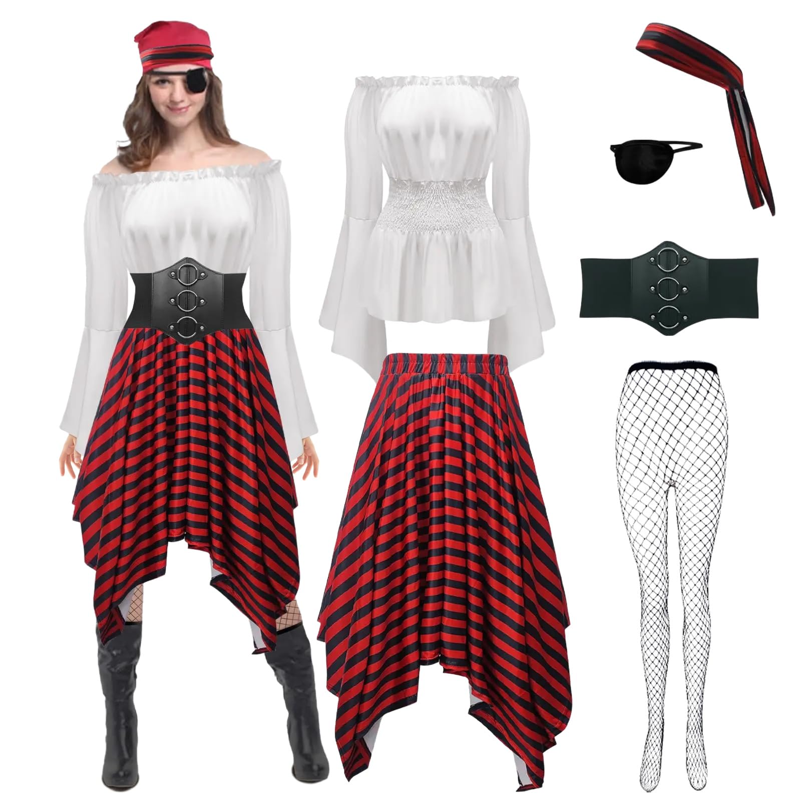 6Pcs Womens Pirate Costume Cosplay Renaissance Blouse Tops Corset Waist Belt Pirate Skirt Cosplay Outfit