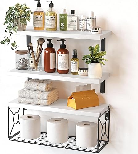 Amada - Estantes de baño con cesta de almacenamiento, estante de pared flotante para organización del hogar y decoración de pared, estantes de