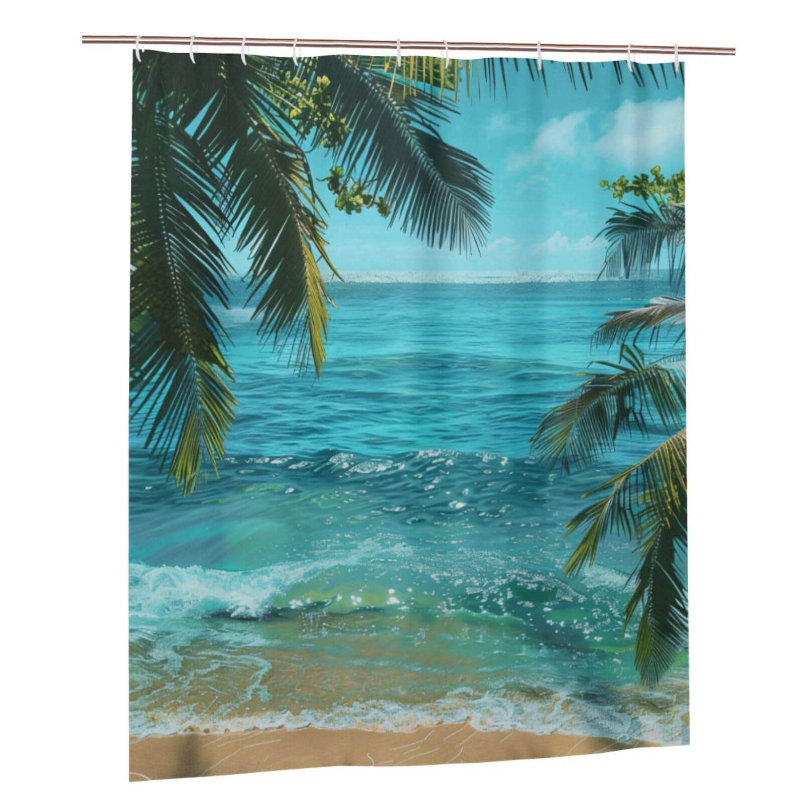 BWWHCCTI Sea Beach Palm Leaves Printed Shower Curtain With 12 Plastic Hooks Opaque Quick Drying Waterproof Shower Curtains Sets For Bathroom 152x183 Cm