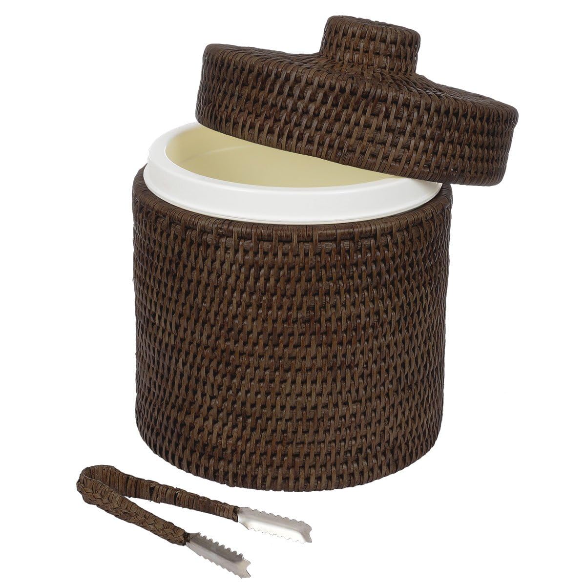 Seau à glace/seau à glace, avec couvercle et pince, en plastique et rotin tressé, Ø 20 x H 25 cm/2,5 l, pour bouteilles et glaçons, FL99434-AB