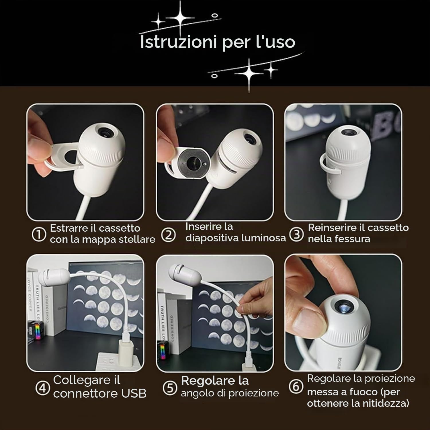 Proiettore Cielo Stellato USB,Proiettore Cielo Stellato e Luce Notturna 2 in 1, Lampada Galattica a LED orientabile a 360°, con filtri HD,Adjustable Brightness for Car and Bedroom Decoration (10pcs)