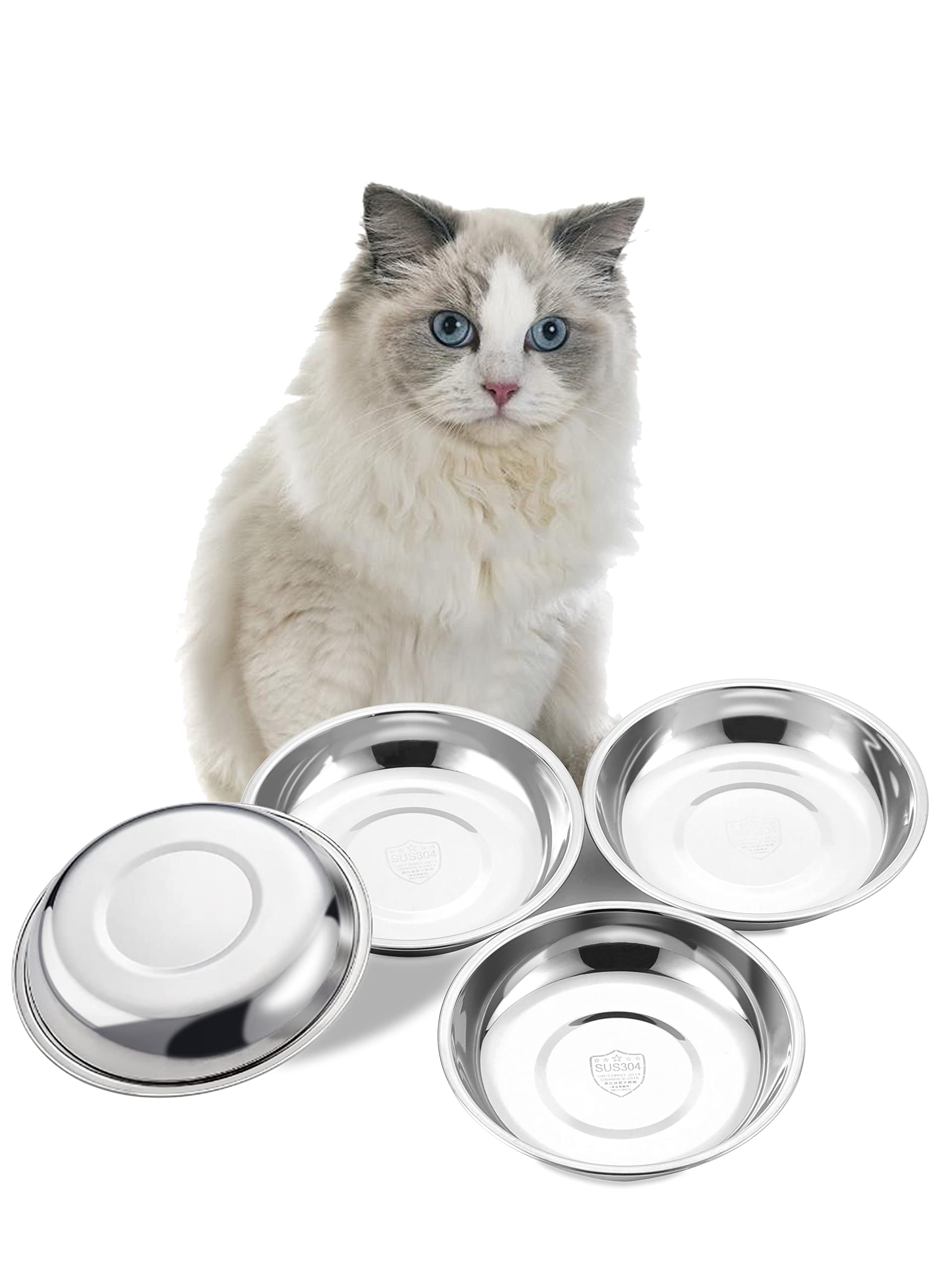 VENTION Stainless Steel Whisker Relief Cat Food Bowl, Shallow Metal Cat Bowls Set, 56 Oz Replacement Pet Cat Feeding Dishes for Raised/Elevated Stands, Work for Dog Plate, Dishwasher Safe, Set of 4