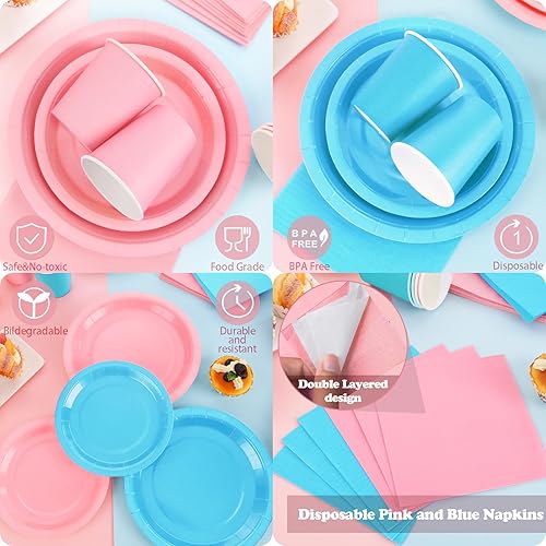 Miniatura 6 de 200 piezas de decoración de fiesta de revelación de bebé, platos rosa y azul, servilletas y tazas para revelación de género, sirve para 50 personas,