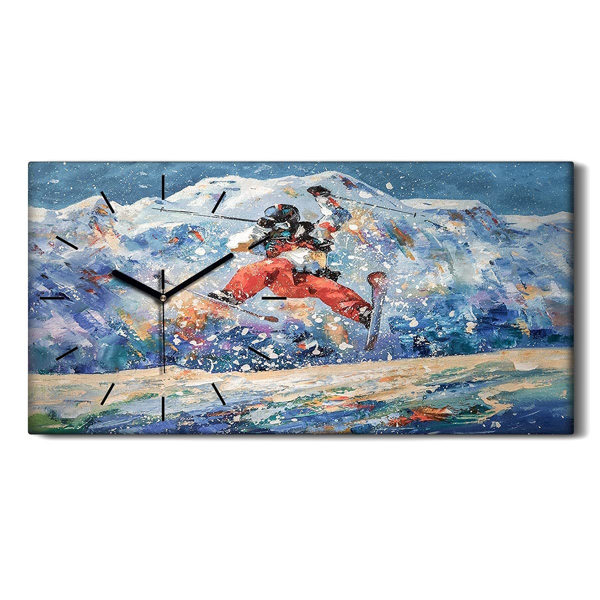 Horloge sur toile skieur freestyle pour décoration murale de salon zen et silencieuse