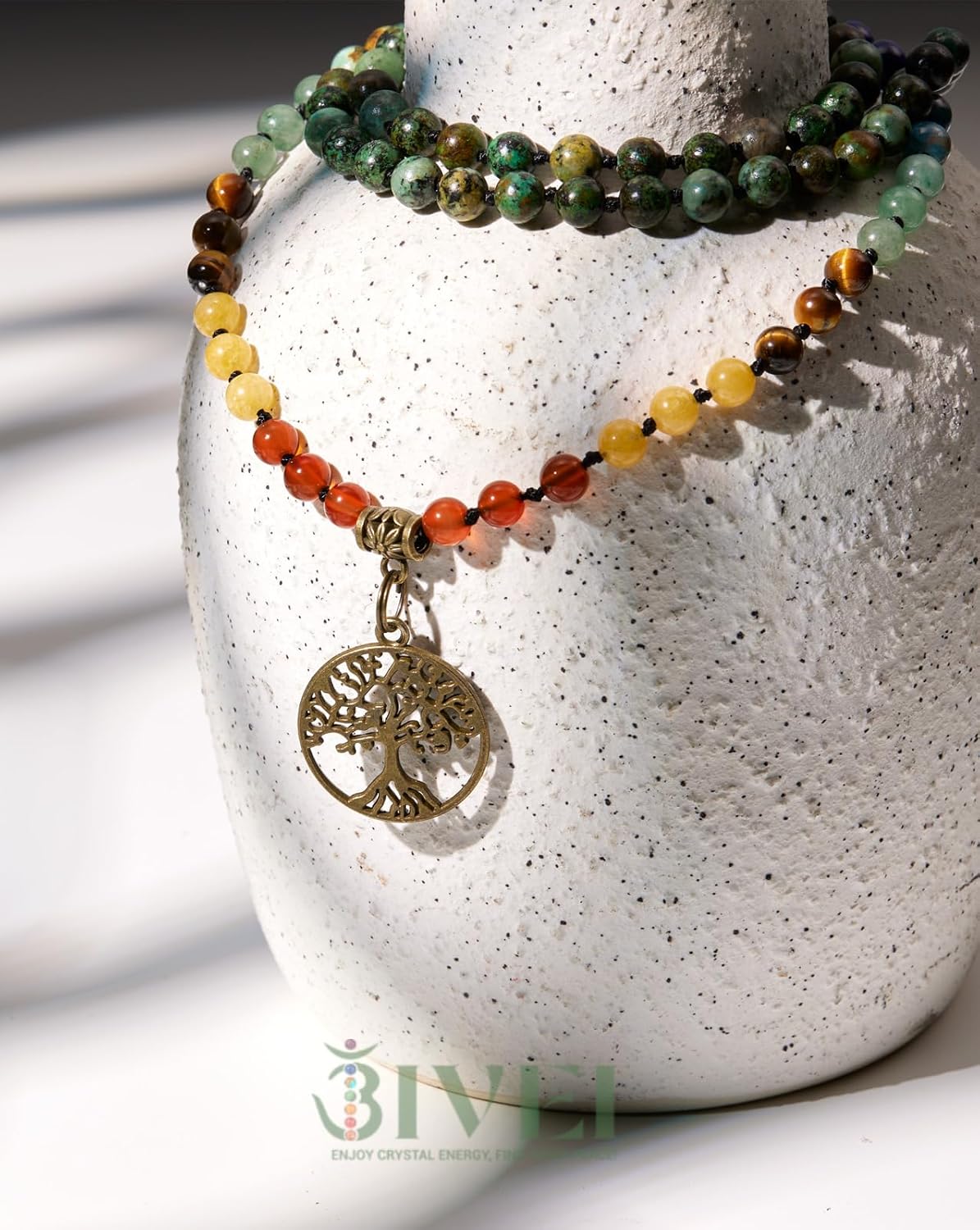 Bivei 7 Chakra 108 Mala Beads Bracelet Real Gemstone Yoga Meditation Hand Knotted Mala Prayer Bead Necklace - Image 4