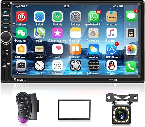 Nhopeew Estéreo de coche de doble DIN con Bluetooth y cámara de respaldo de 7 pulgadas con pantalla táctil de radio de coche compatible con tarjeta