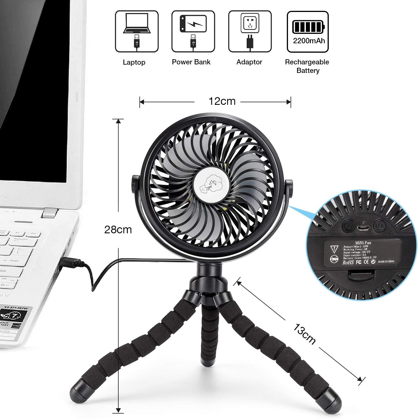Kakeedoo Stroller Fan, 360° Rotatable Portable Mini Handheld Fan with 3 Speeds, Battery Powered Flexible Tripod Fan with LED for Camping Outdoor: Kitchen & Dining