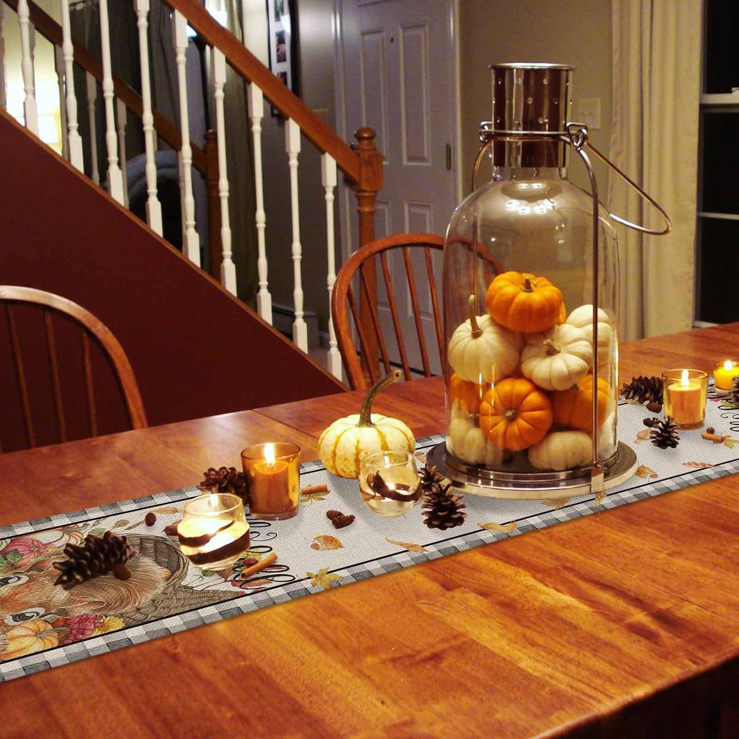 Fall Table Runner Squirrel Pumpkin Bird Thanksgiving Table Decoration for Kitchen Grapes Leaf Black Buffalo Plaid Seasonal Table Runner Decoration for Dining Kitchen Party 13x108 Inch